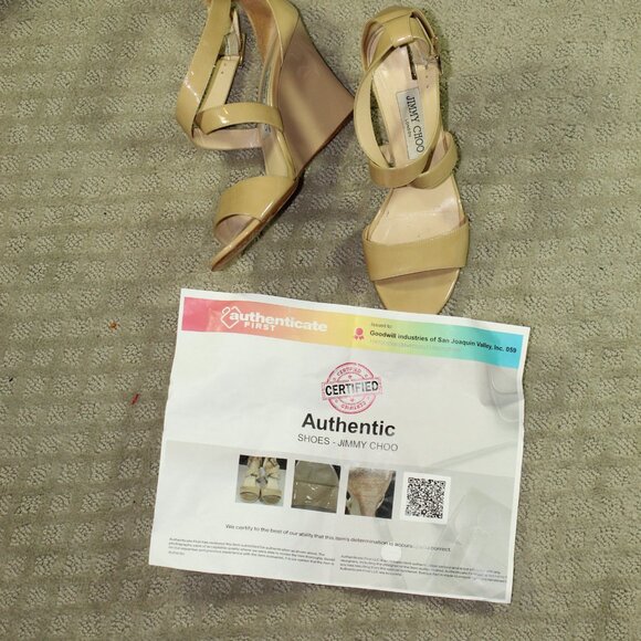 Jimmy Choo Shoes - Jimmy Choo Fearne Women's Size 37.5 Cross Strap Beige Patent Leather Wedge Heel